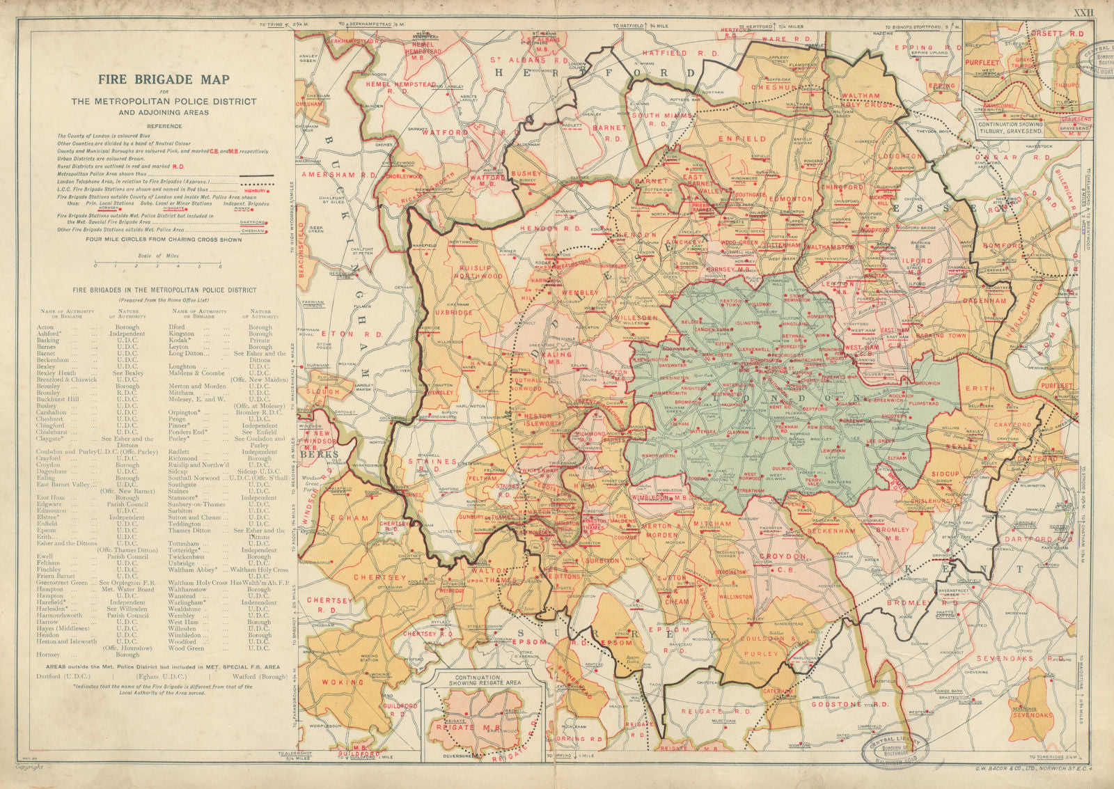 LONDON FIRE BRIGADE Districts & Stations. Vintage map. BACON 1934 old